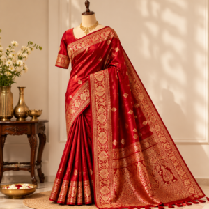 Royal Heritage Red Silk Saree With Golden Zari Work
