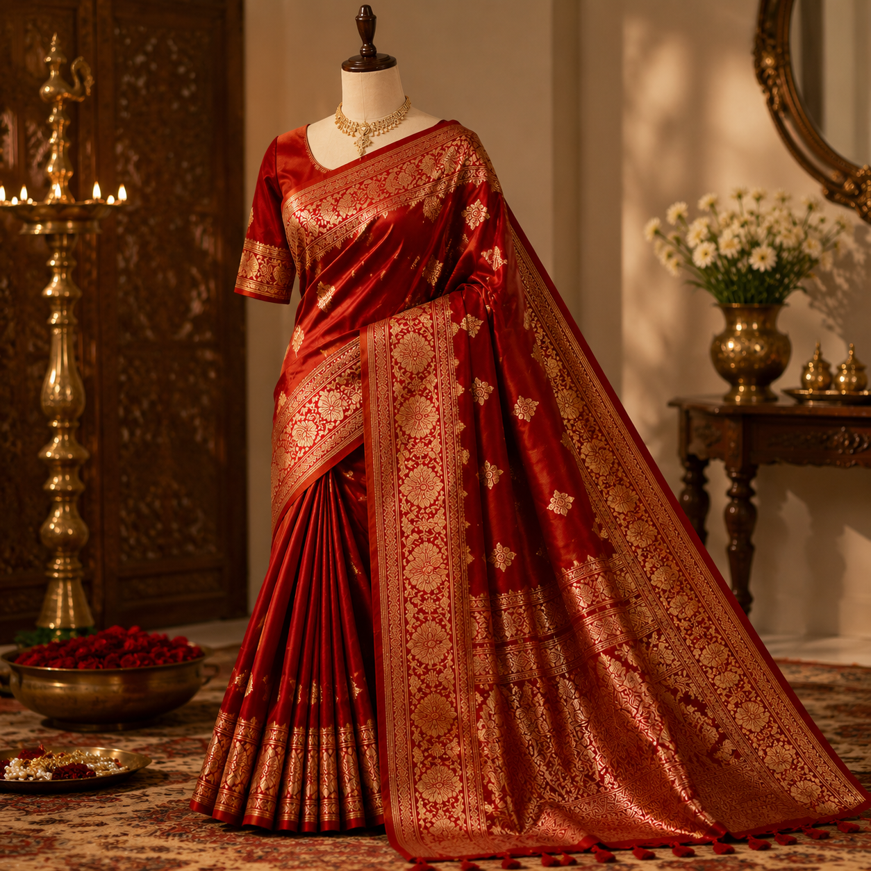 Royal Heritage Red Silk Saree With Golden Zari Work