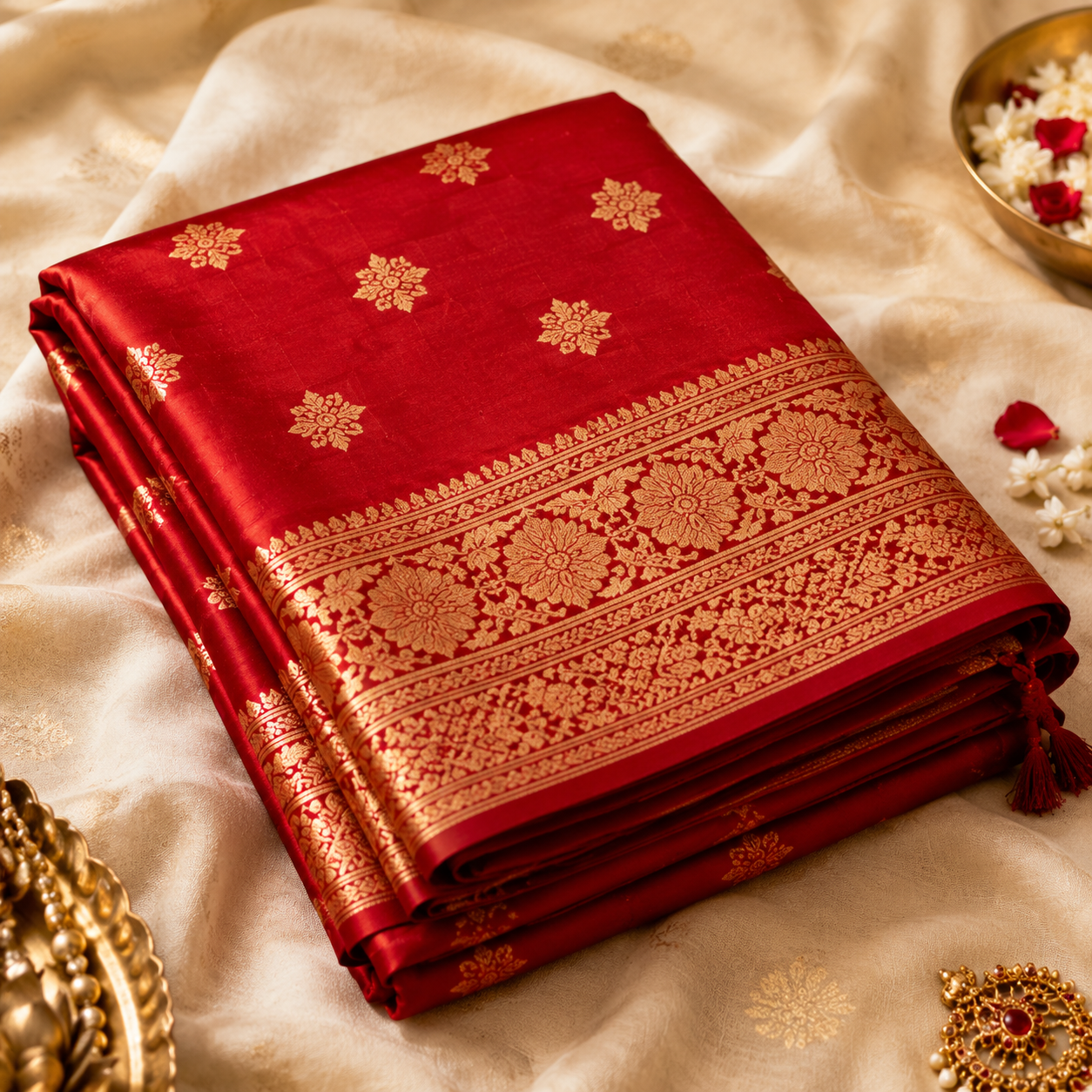 Royal Heritage Red Silk Saree With Golden Zari Work